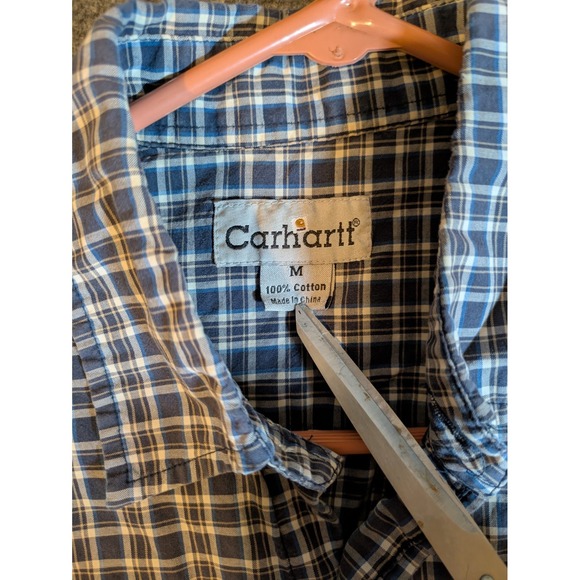 Carhartt Shirt Men's Medium Button Up Short Sleeve Relaxed Fit Blue Plaid - Picture 8 of 11